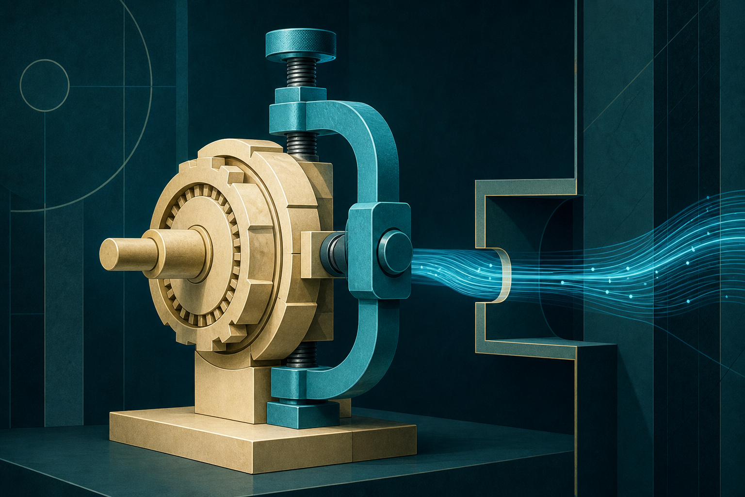 A cream-gold mechanism held by a cyan adjustable brace while a cyan signal passes through a side channel