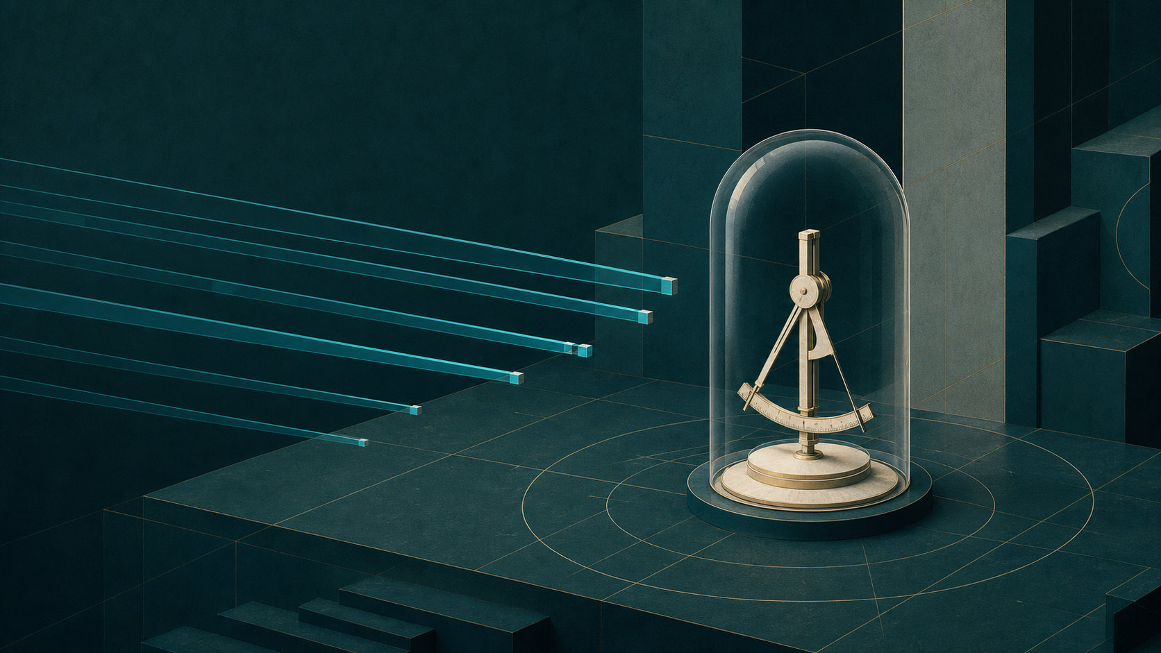 A cream-gold measuring instrument beneath a clear protective canopy as cyan beams stop short on a dark teal field