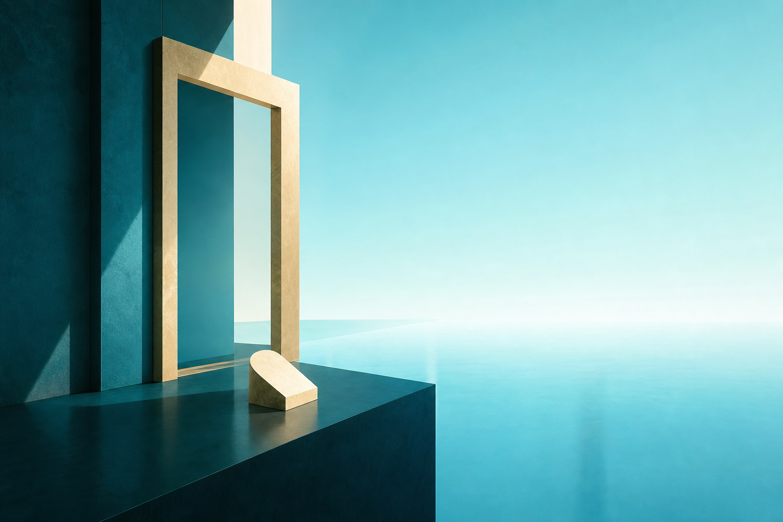 A small cream-gold object resting beside a broad cyan-lit open field and a simple dark teal frame