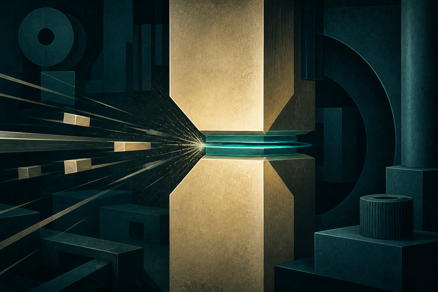 Cream-gold forms separated by a narrow cyan threshold as incoming lines stop at the gap