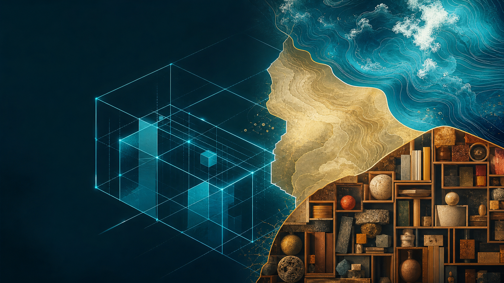 A luminous cyan framework beside a larger field of maps, weather, and objects