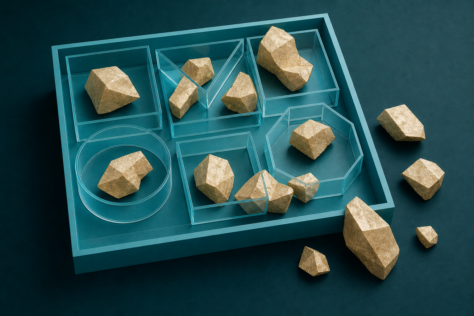 Cream-gold irregular stones crossing transparent cyan category compartments