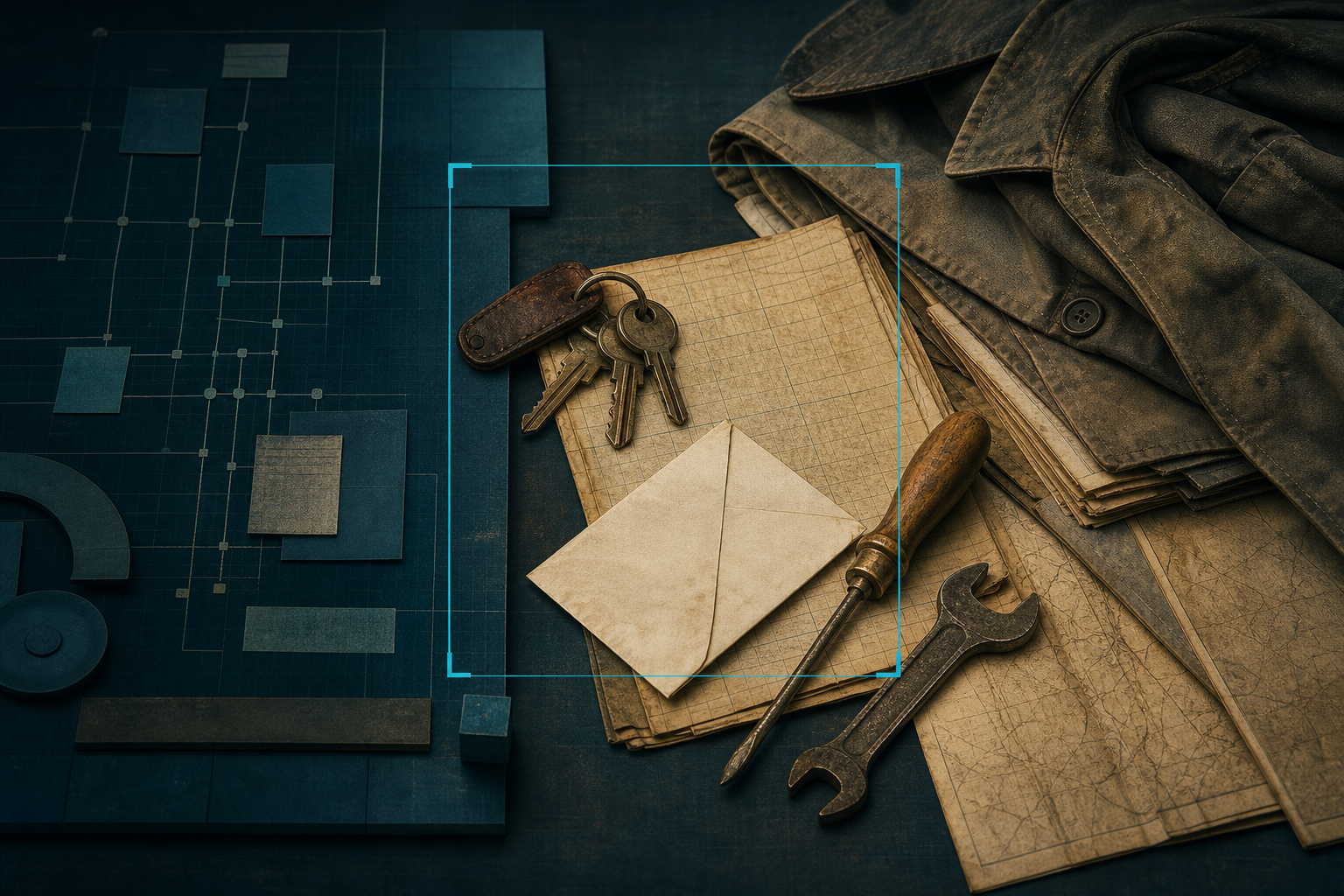 A cyan classification frame beside keys, tools, an envelope, maps, and a worn coat