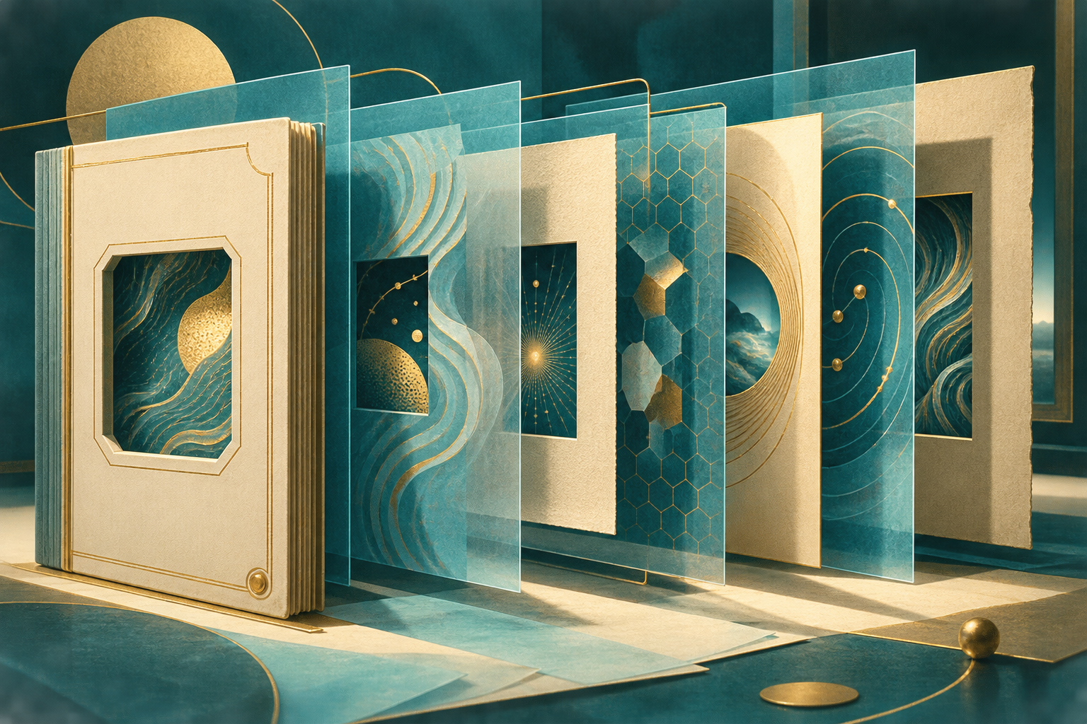 Layered cream and cyan frames showing distinct abstract patterns