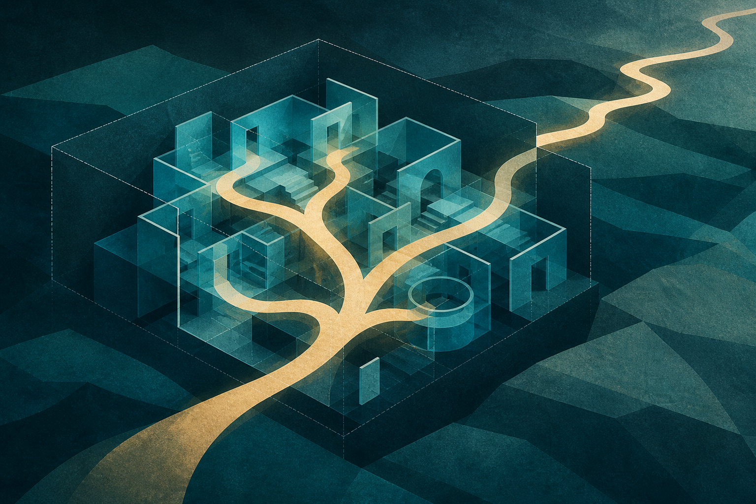 Cream-gold paths diverging through transparent cyan rooms and continuing beyond a boundary
