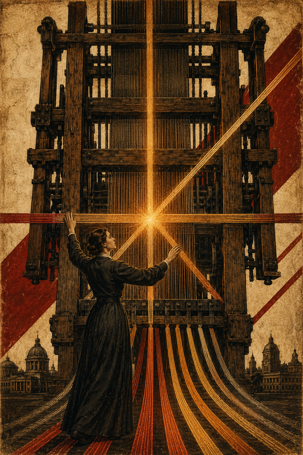 Soviet constructivist illustration of a scholar at a monumental loom, three threads crossing at a point of amber light, eight distinct strands emerging at the base