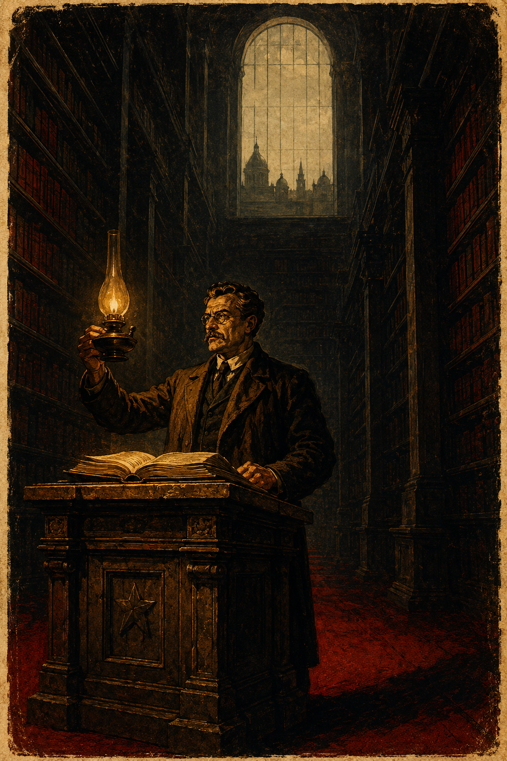 Soviet constructivist illustration of a scholar holding an oil lamp in a vast dark library, a small circle of amber light illuminating an open book at a monumental lectern