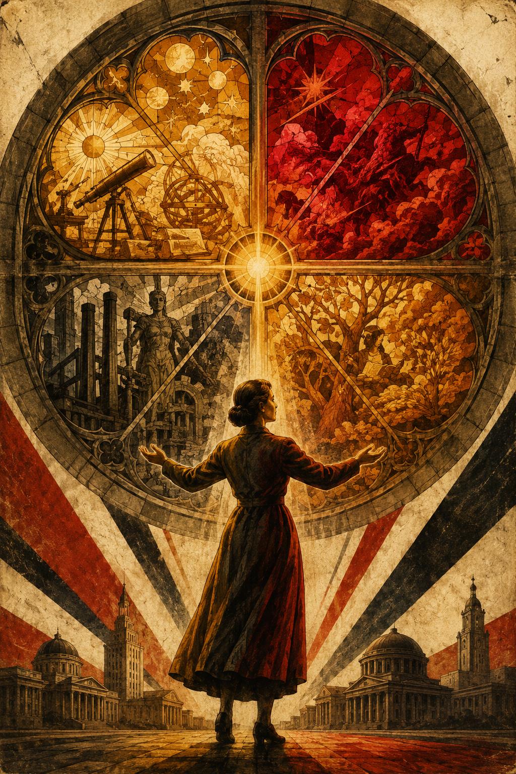 Soviet constructivist illustration of a scholar with arms open before a monumental rose window divided into four quadrants, amber light radiating from the centre point