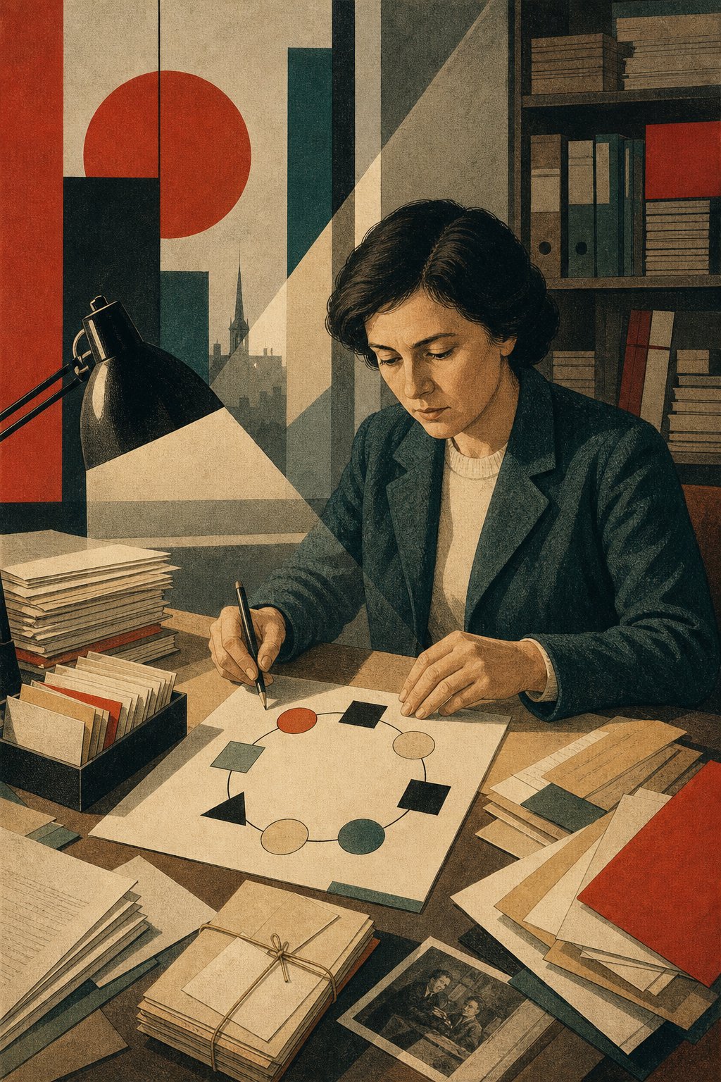 Constructivist illustration of a theorist working with manuscripts and an abstract information model