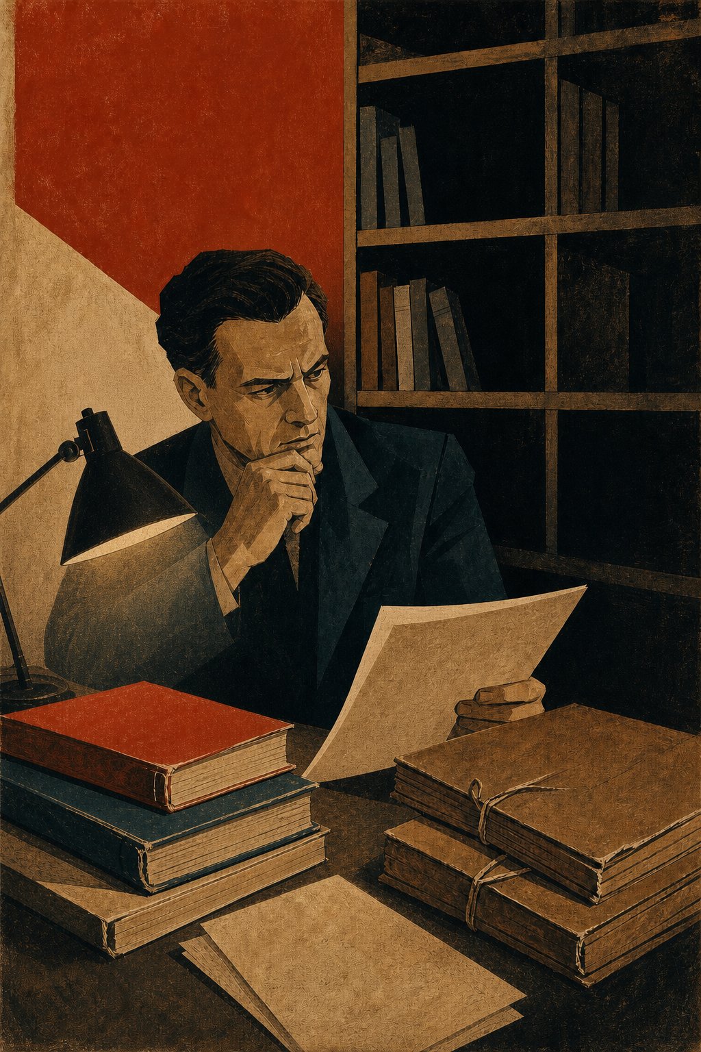Constructivist illustration of a researcher examining archive records beside unresolved gaps in a dark bookshelf