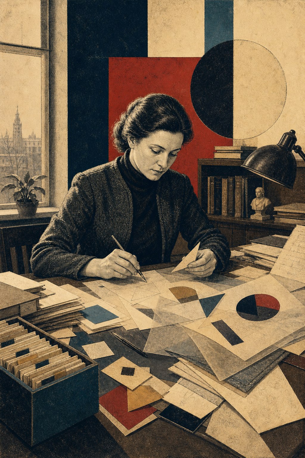 Constructivist illustration of a theorist developing an information model through layered manuscripts