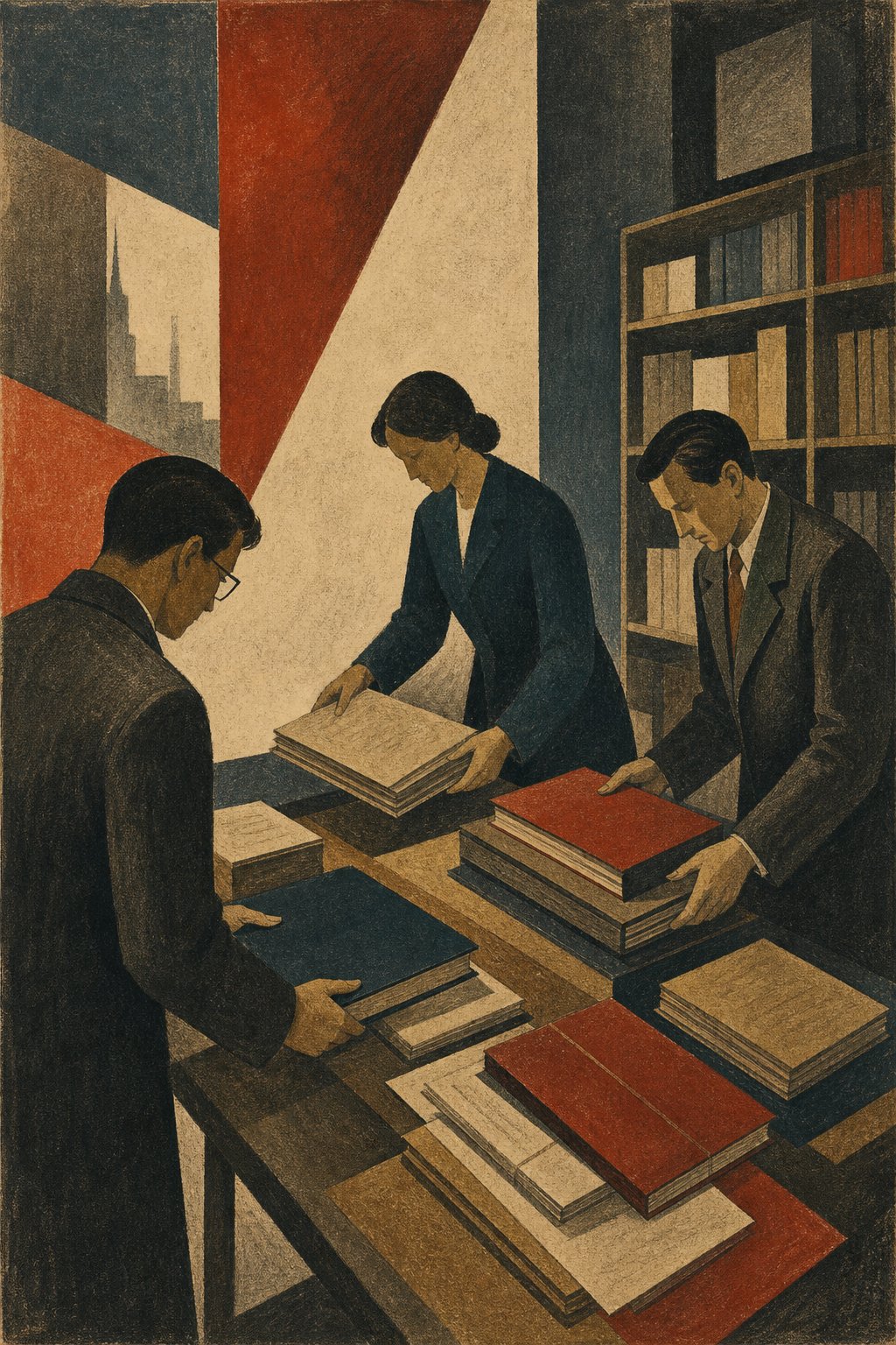 Constructivist illustration of three scholars contributing books and manuscripts to a shared archive table