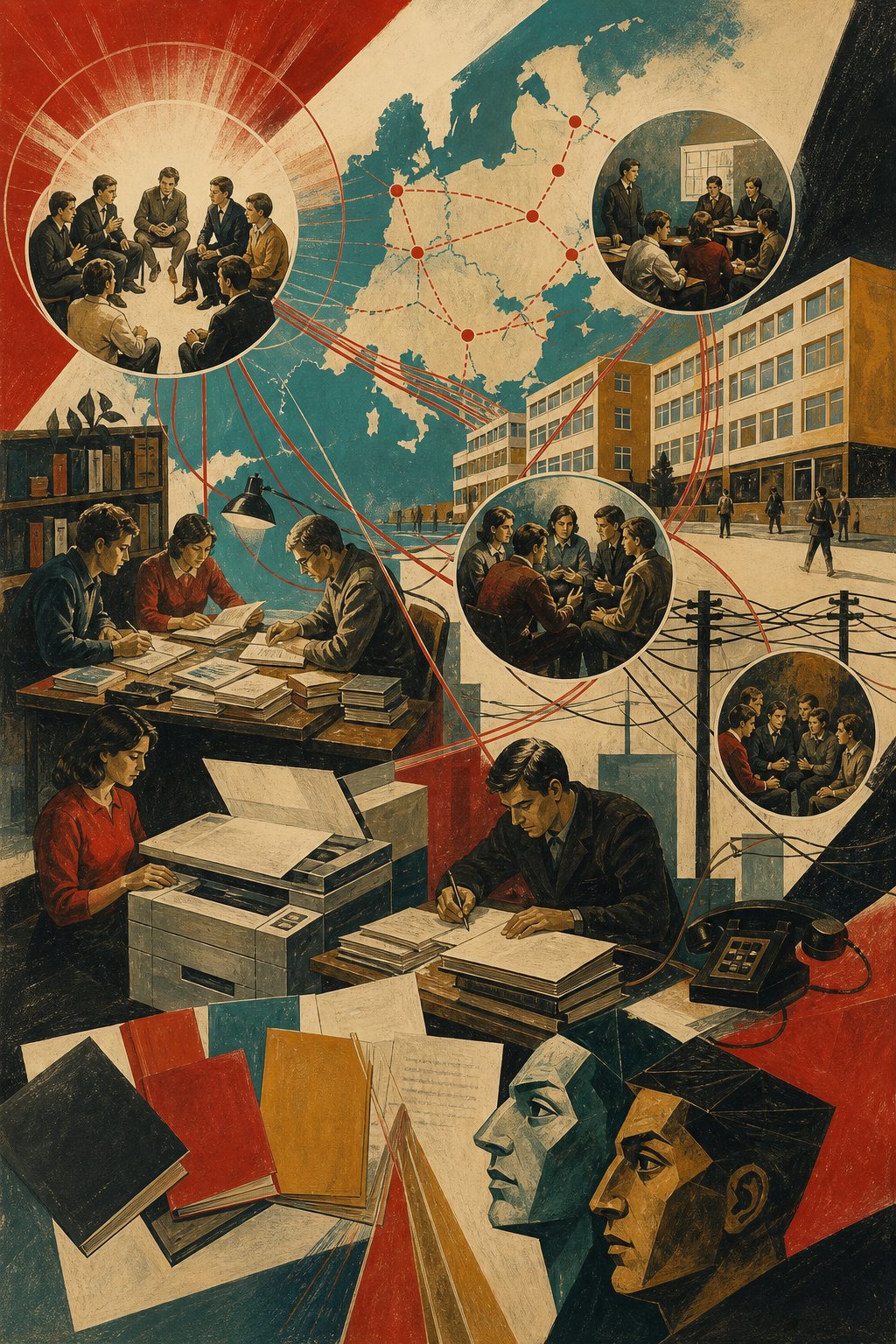 Constructivist illustration of Socionics schools, publications, and translation routes across Europe