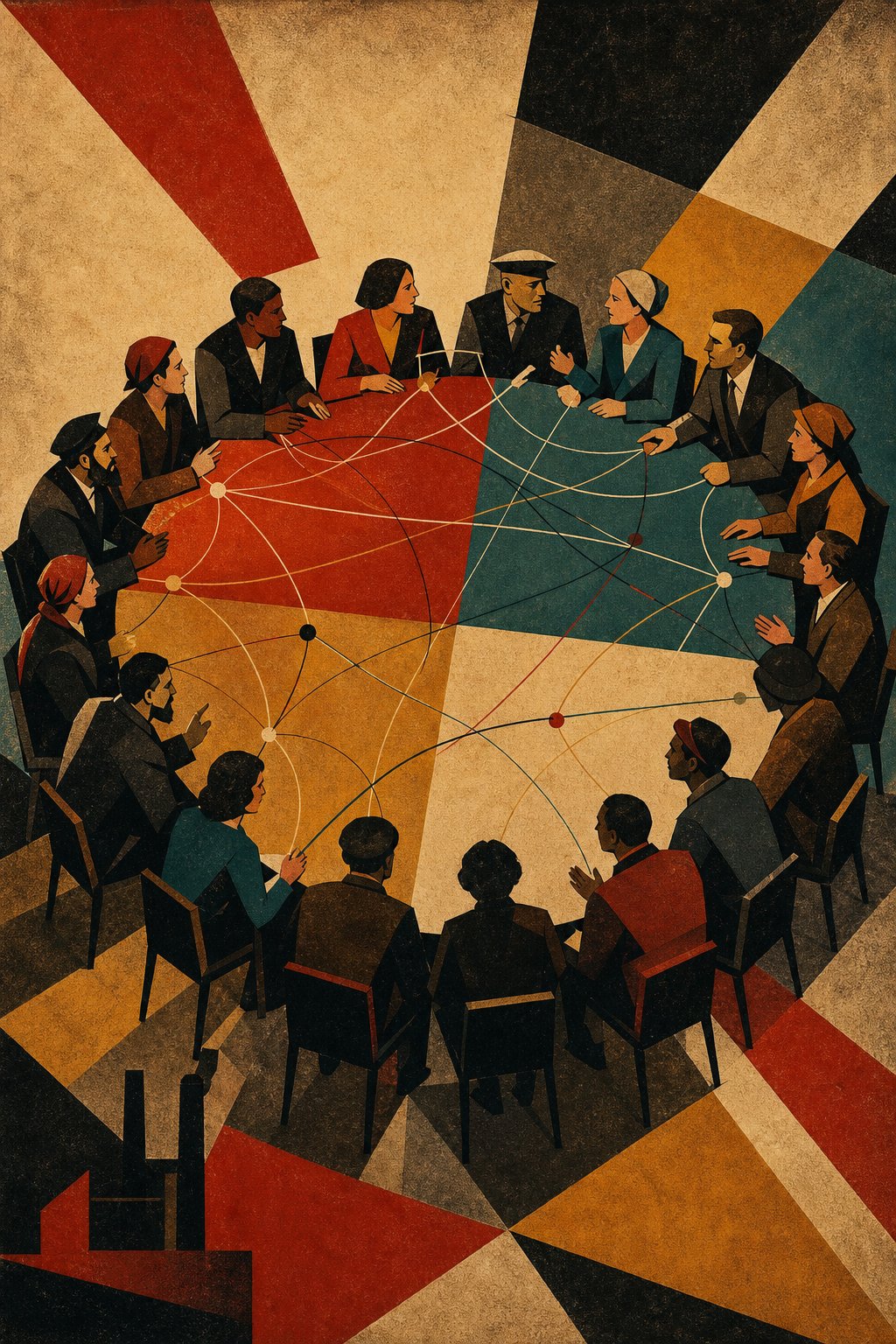 Constructivist illustration of sixteen people around a table connected by relation lines