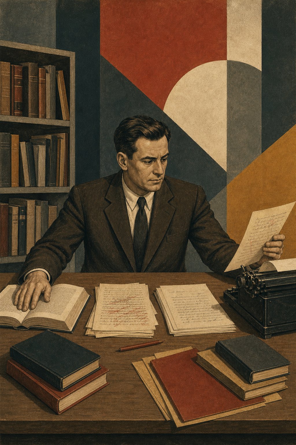 Constructivist illustration of a translator comparing books, manuscript pages, corrected drafts, and a typewriter