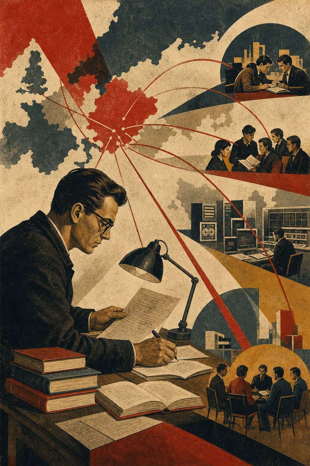 Constructivist illustration of a translator connecting Eastern European texts with Western reading groups and early computer networks
