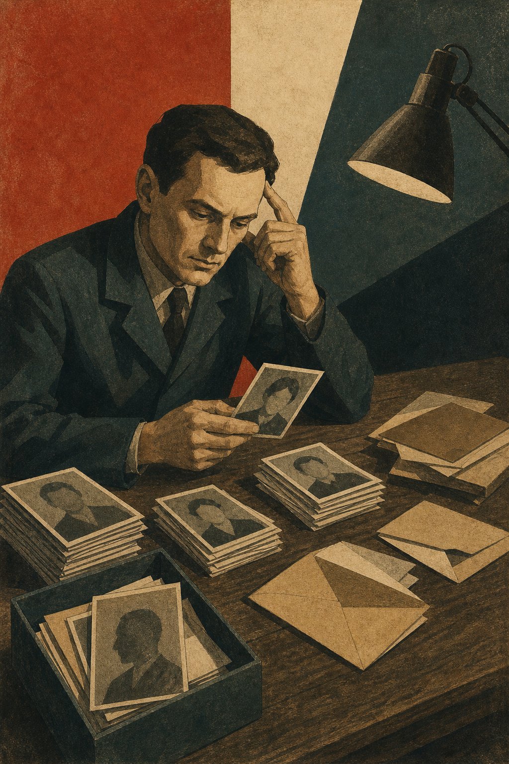 Constructivist illustration of a researcher critically sorting portrait photographs into shuffled evidence