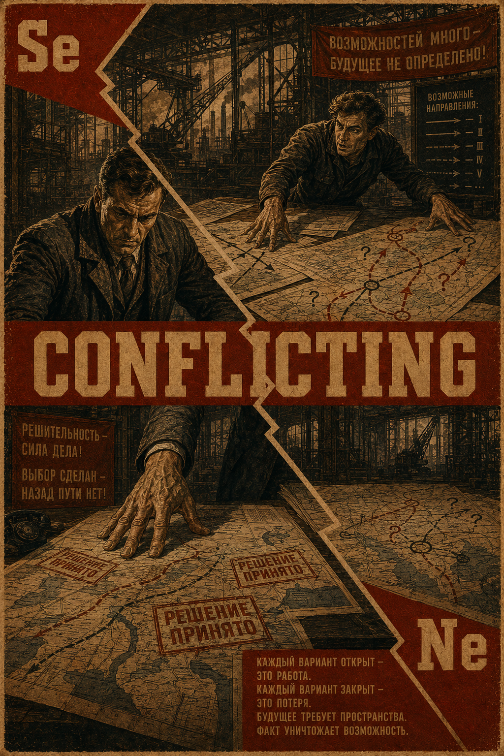 Constructivist illustration of Se closing Ne branching paths through decisive force