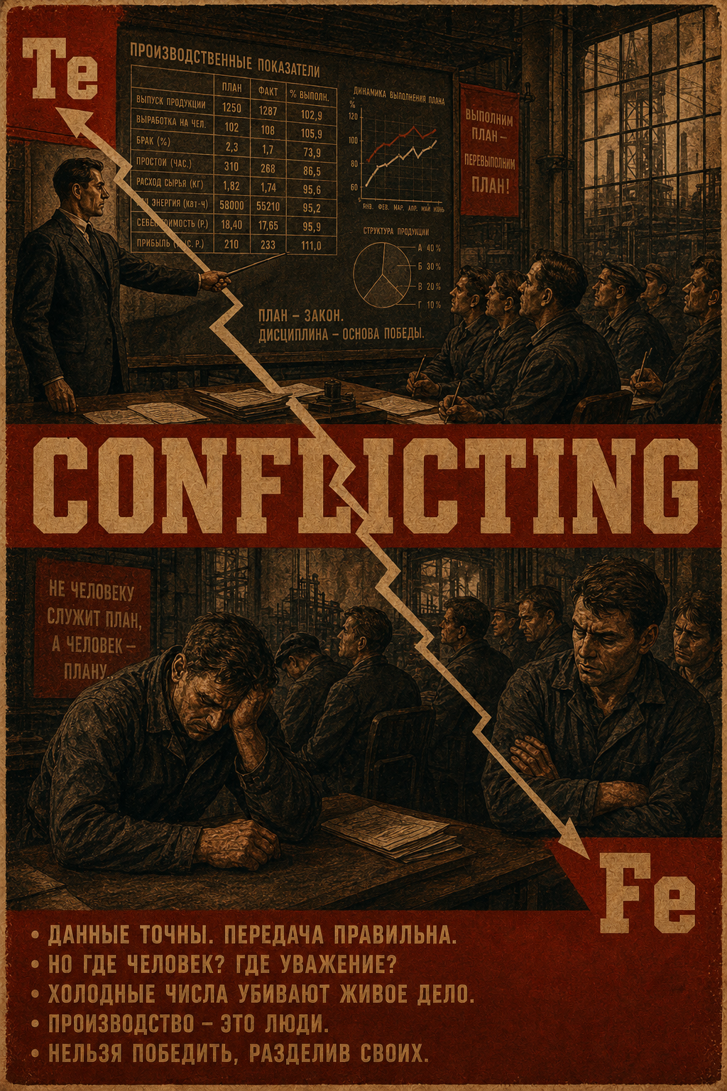 Constructivist illustration of Te and Fe in one communication moment where data lands and atmosphere collapses