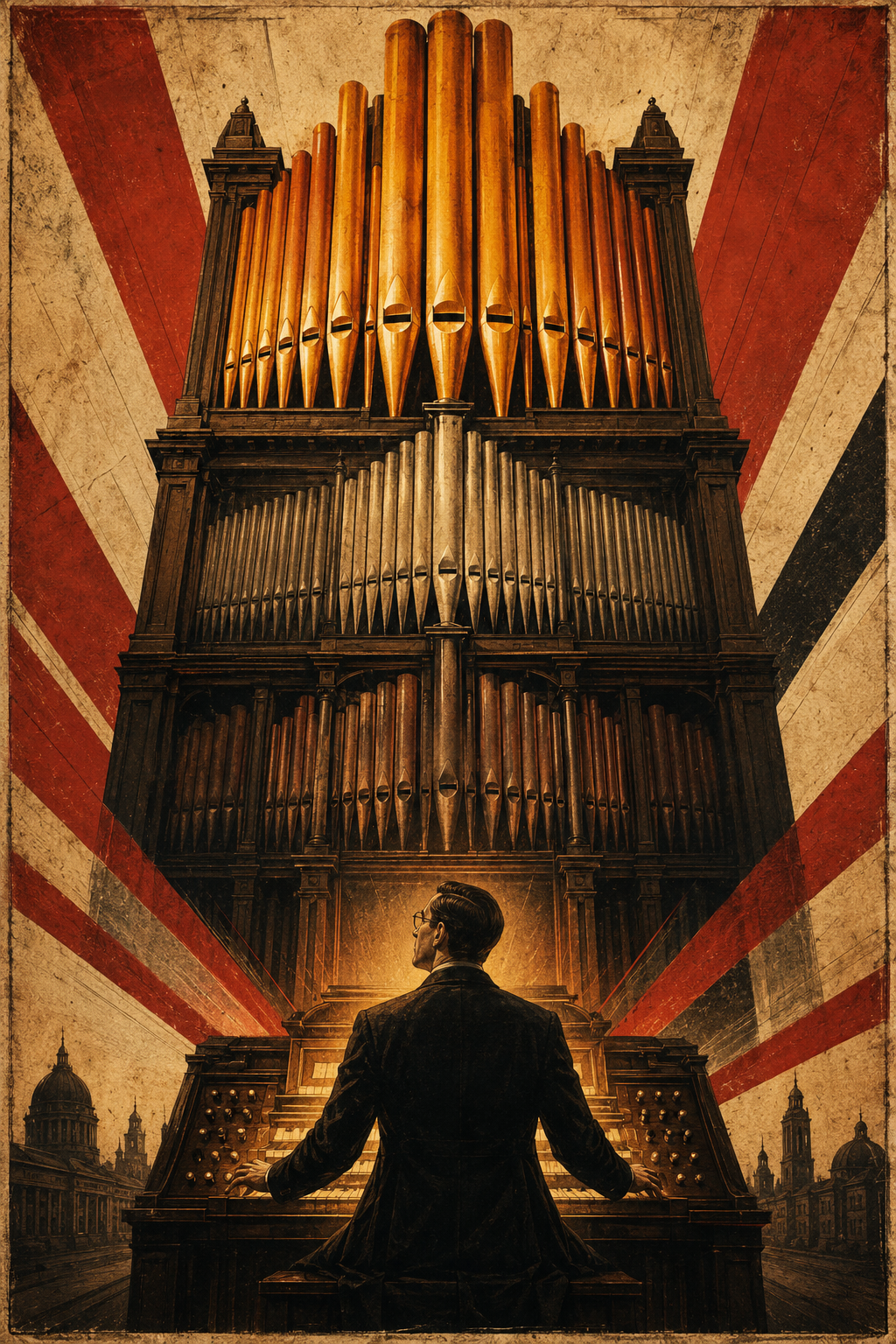 Soviet constructivist illustration of a scholar at a monumental pipe organ, four banks of pipes lit from brilliant amber at the top to deep shadow at the base
