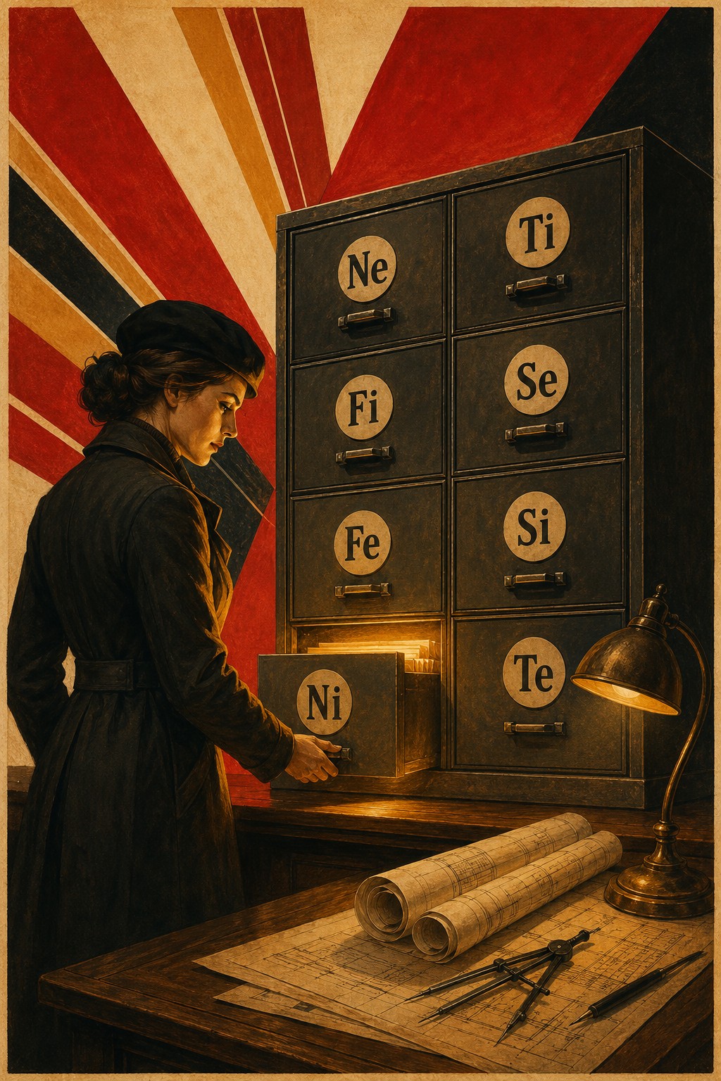 Soviet constructivist illustration of a scholar opening the filing cabinet of Model A
