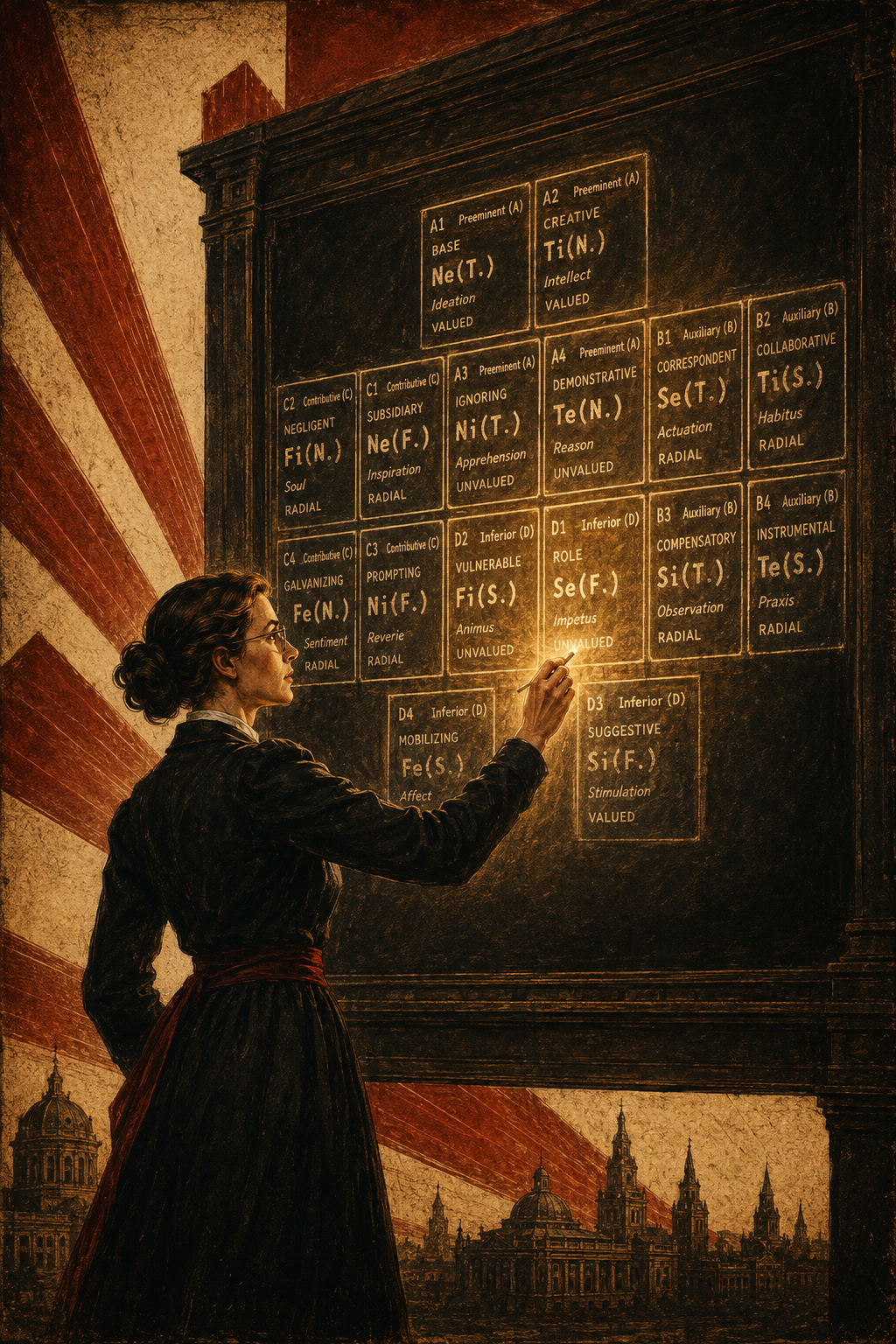 Soviet constructivist illustration of a scholar writing a derivation on a monumental blackboard, amber light radiating from the chalk point as eight elements split into sixteen