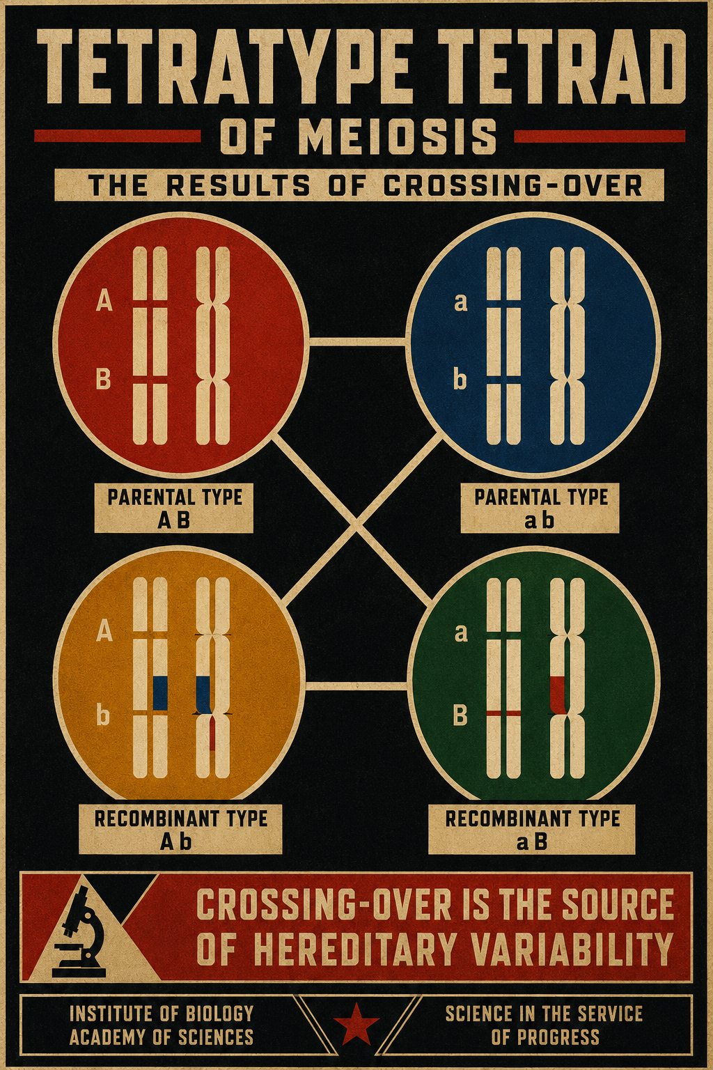 Soviet constructivist scientific poster depicting a meiotic tetratype tetrad — four cells in the four quadra colours connected by crossing-over lines