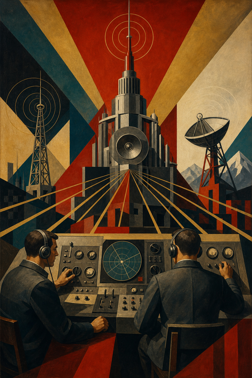 Soviet constructivist image of radio operators at a communications console