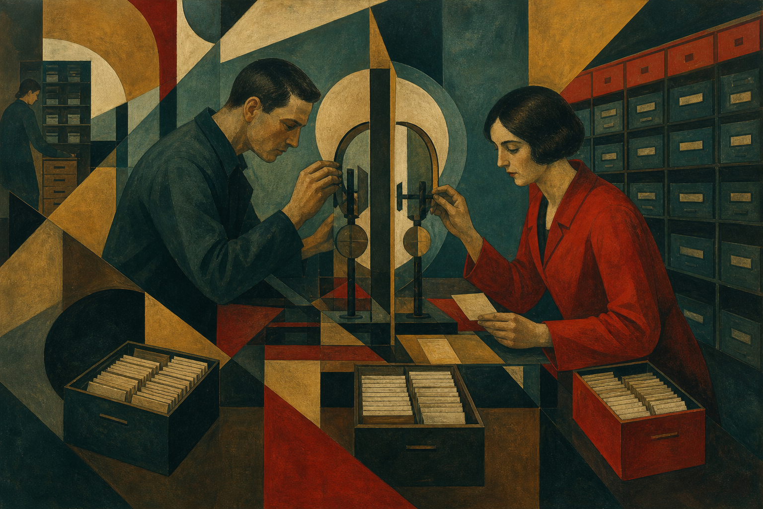 Soviet constructivist image of archivists aligning mirrored instruments and index cards