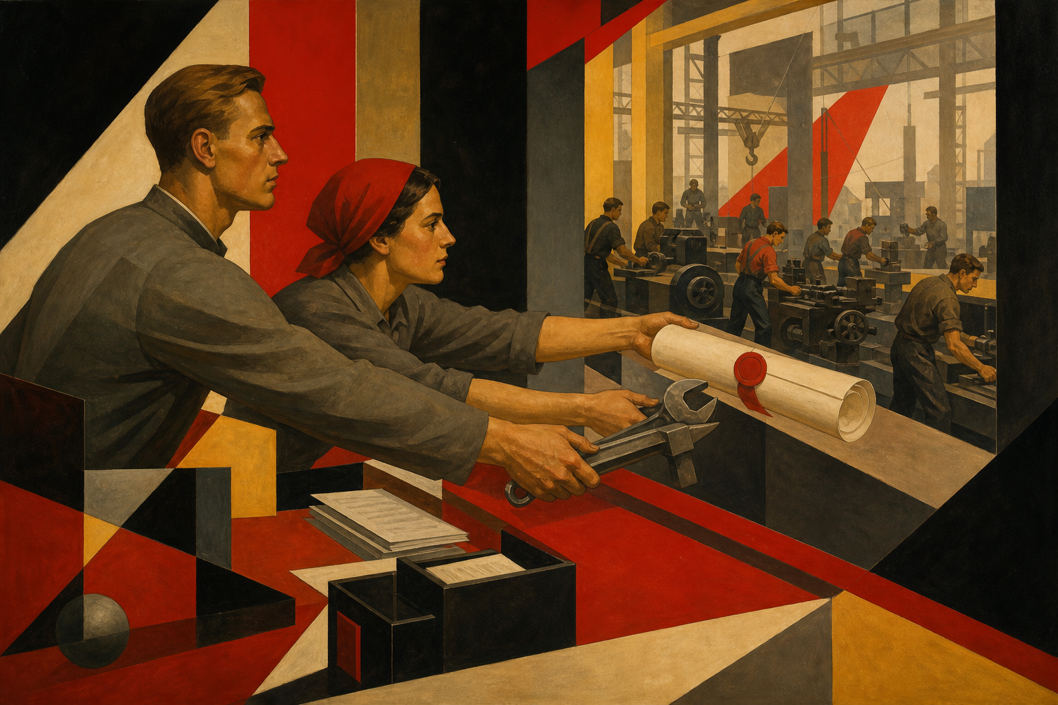 Soviet constructivist image of dispatch workers handing tools and plans to a workshop