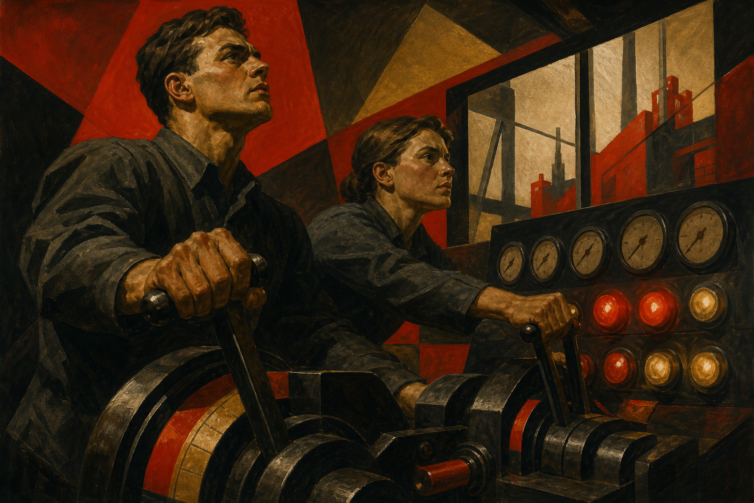 Soviet constructivist image of trainees working a demanding control station
