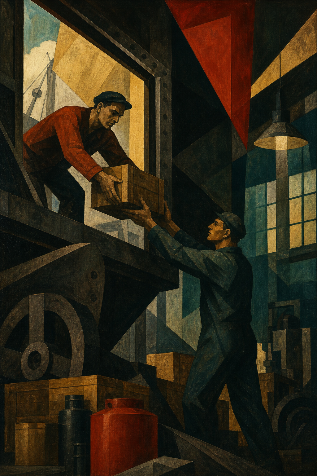 Soviet constructivist image of workers receiving supplies into a low-lit workshop