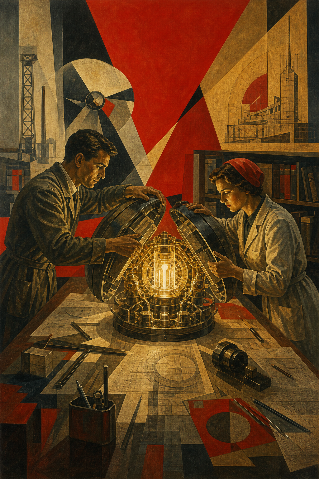 Soviet constructivist image of researchers opening a luminous central engine