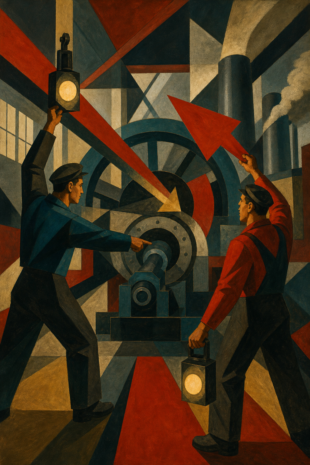 Soviet constructivist image of signal workers prompting a central machine into motion