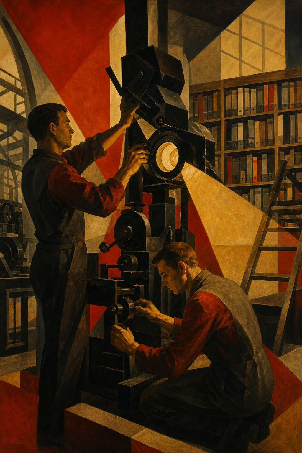 Soviet constructivist image of engineers maintaining a shadow machine