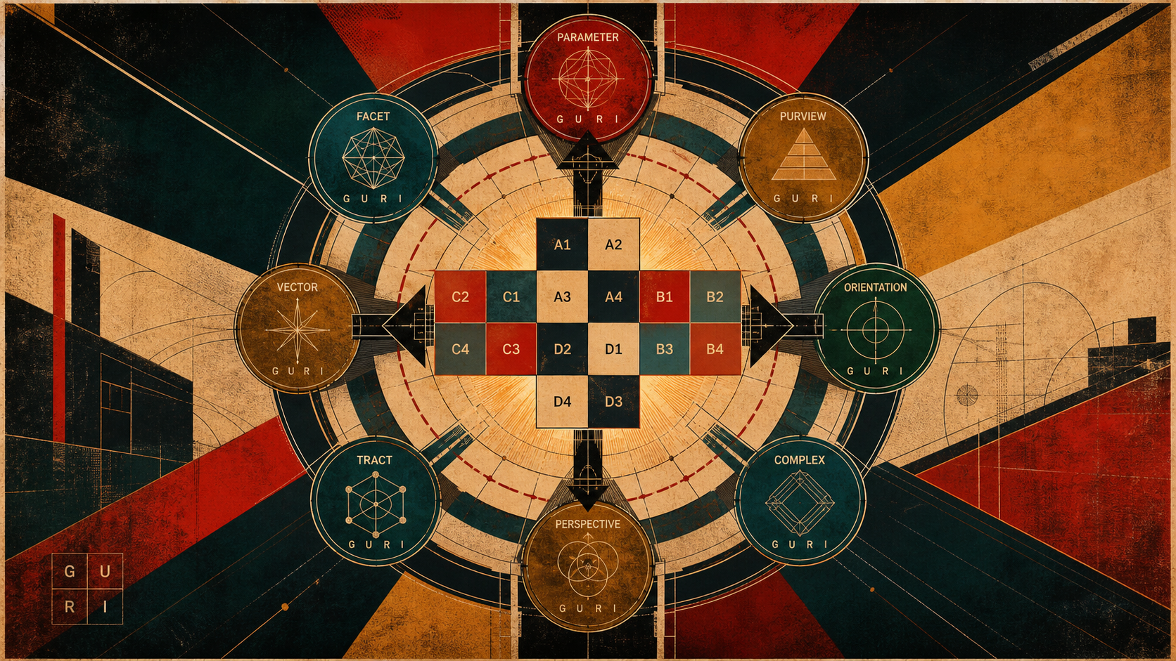 Constructivist atlas plate showing eight Model L source families around a central sixteen-position cross
