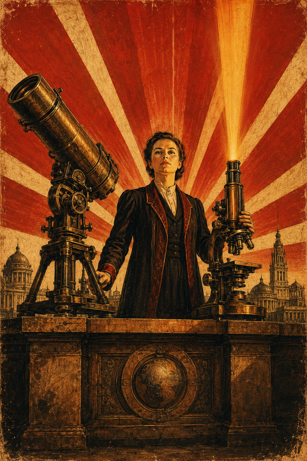 Soviet constructivist illustration of a scholar standing between a monumental telescope and microscope, amber light rising from the microscope eyepiece