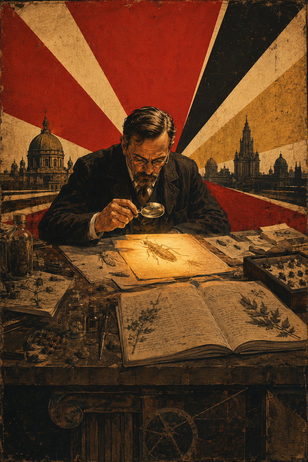 Soviet constructivist illustration of a scholar leaning over a naturalist's table with a magnifying loupe, amber light falling on the specimen under observation
