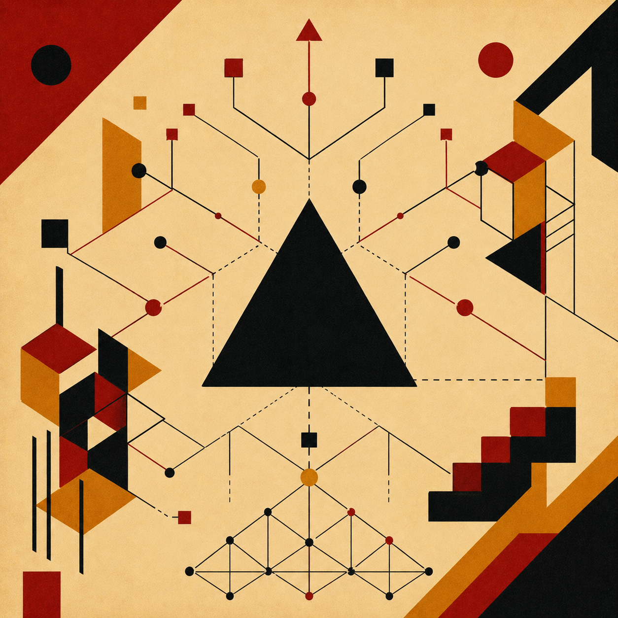 Ne(T.) Ideation — filled triangle with branching logical trees and conceptual scaffolding