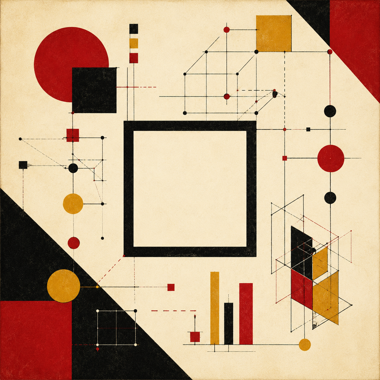 Ti(N.) Intellect — outline square with abstract node diagrams and floating conceptual frameworks