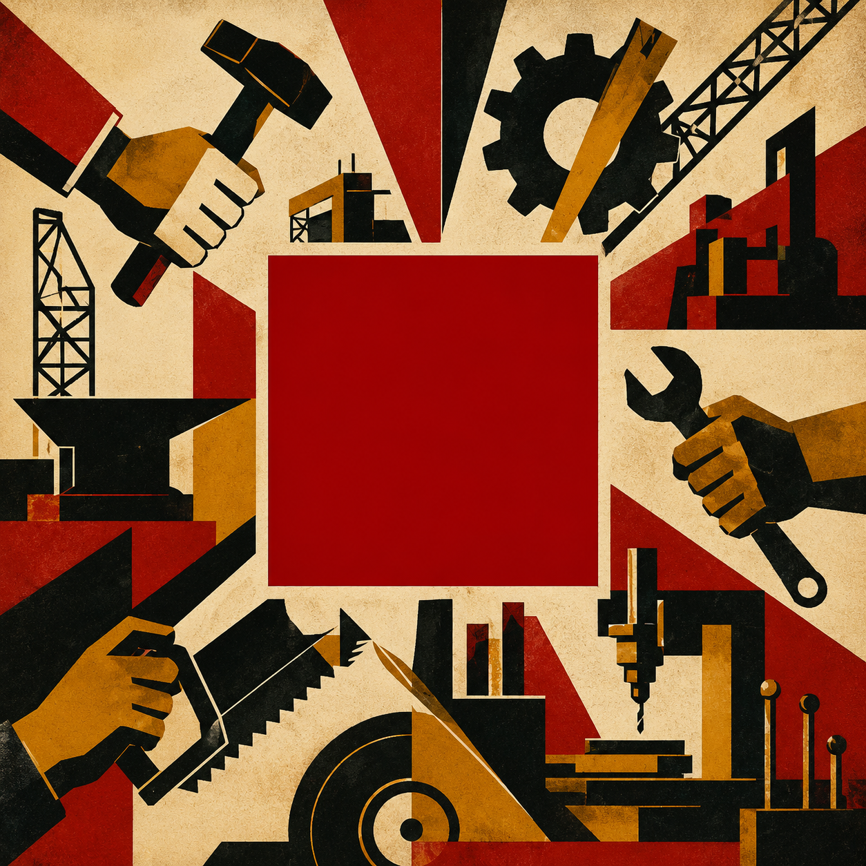 Te(S.) Praxis — filled square surrounded by hands holding tools and physical machinery
