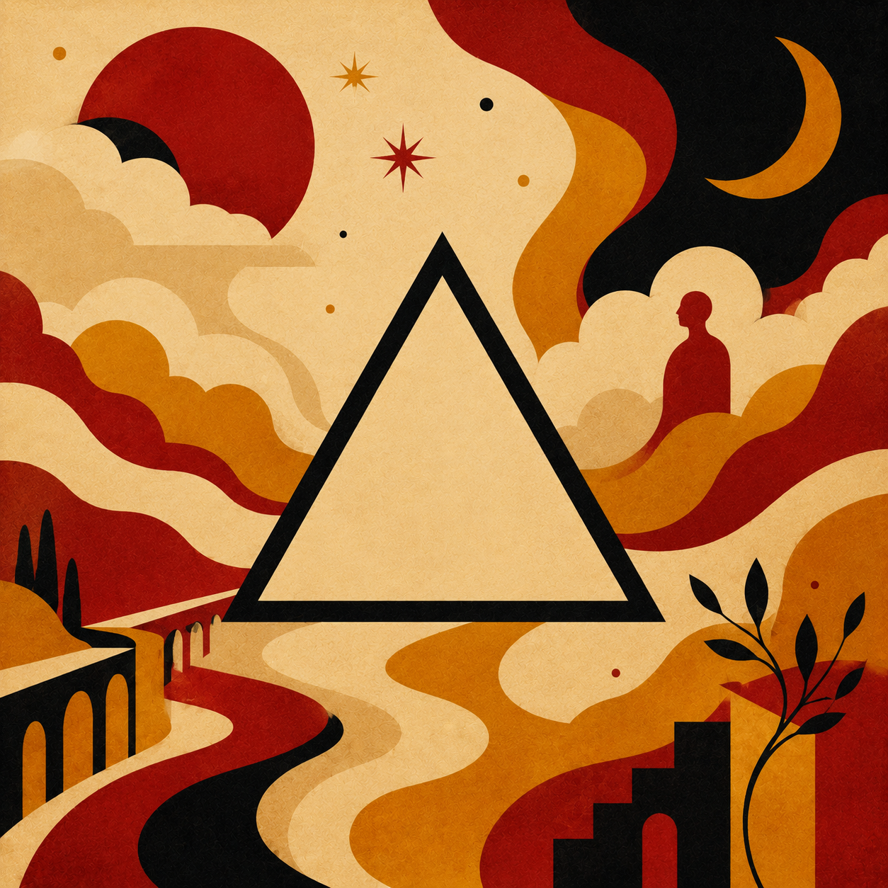 Ni(F.) Reverie — outline triangle in dreamlike landscape with clouds, moon and solitary figure