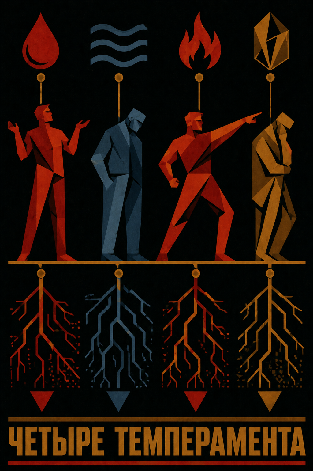 Illustration of the four roots becoming the four temperaments