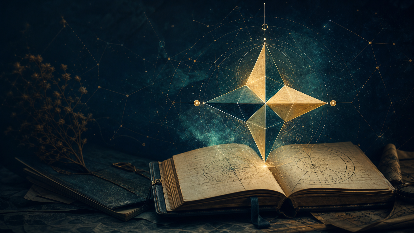 Luminous four-point typology compass over an open analytical notebook