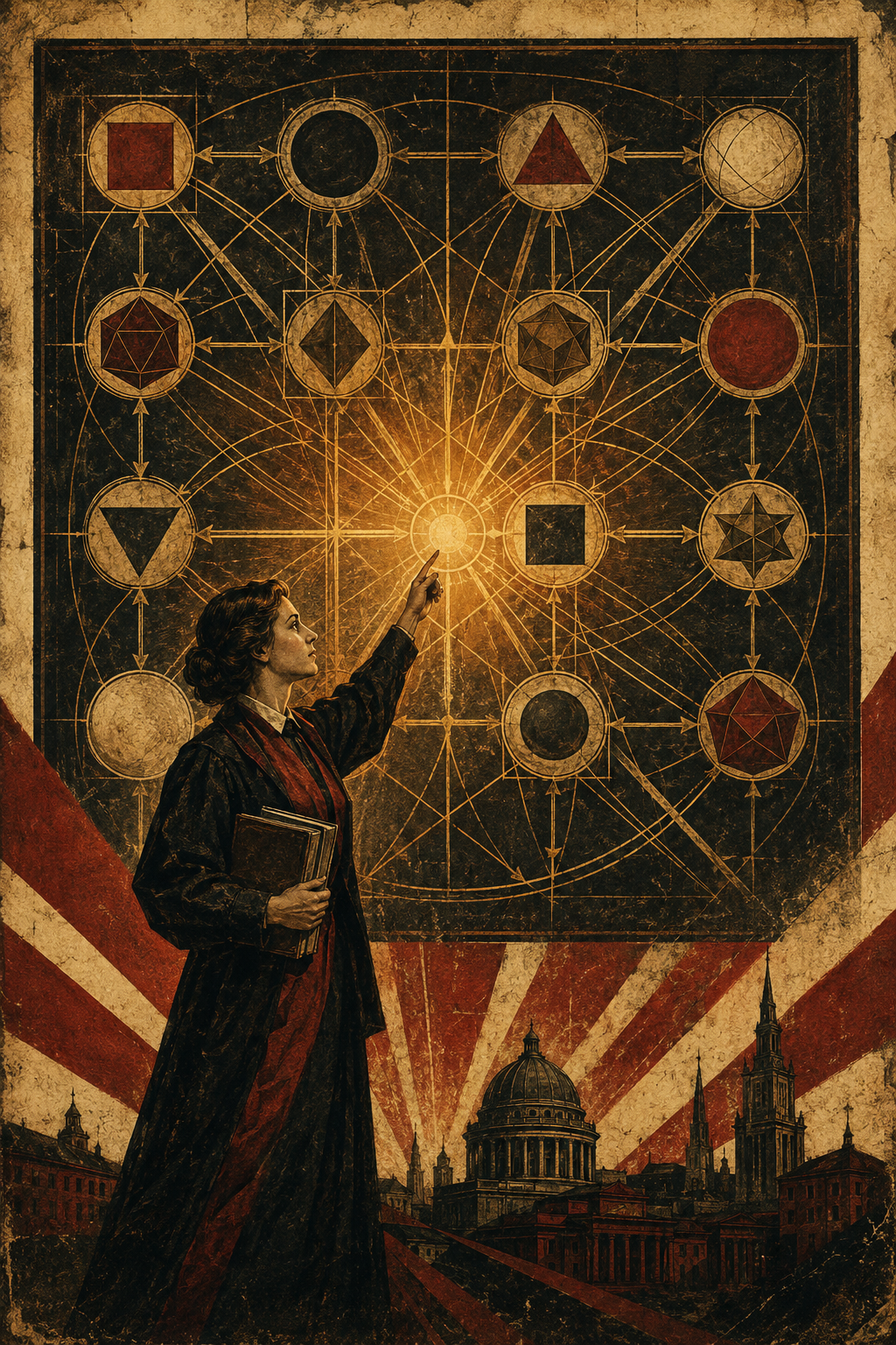 Soviet constructivist illustration of a scholar pointing at the centre of a monumental relational diagram, sixteen geometric nodes connected by lines of amber light