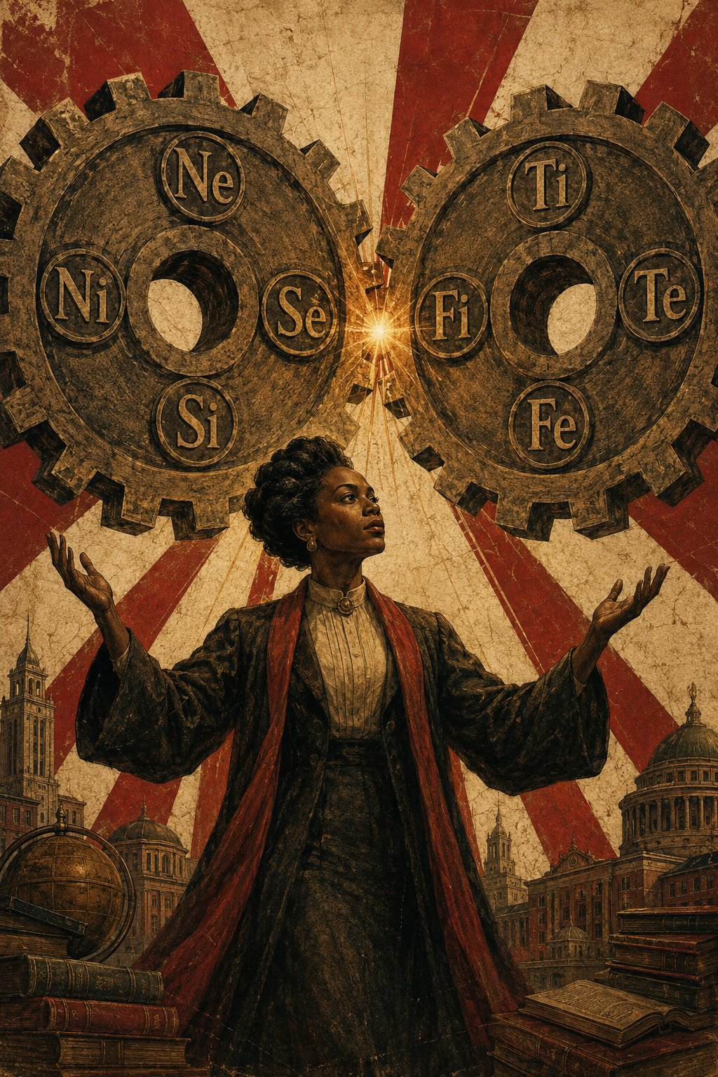 Soviet constructivist illustration of a scholar presiding over two immense interlocking cogwheels engraved with the socionics perceiving and judging elements, amber light radiating from their point of contact