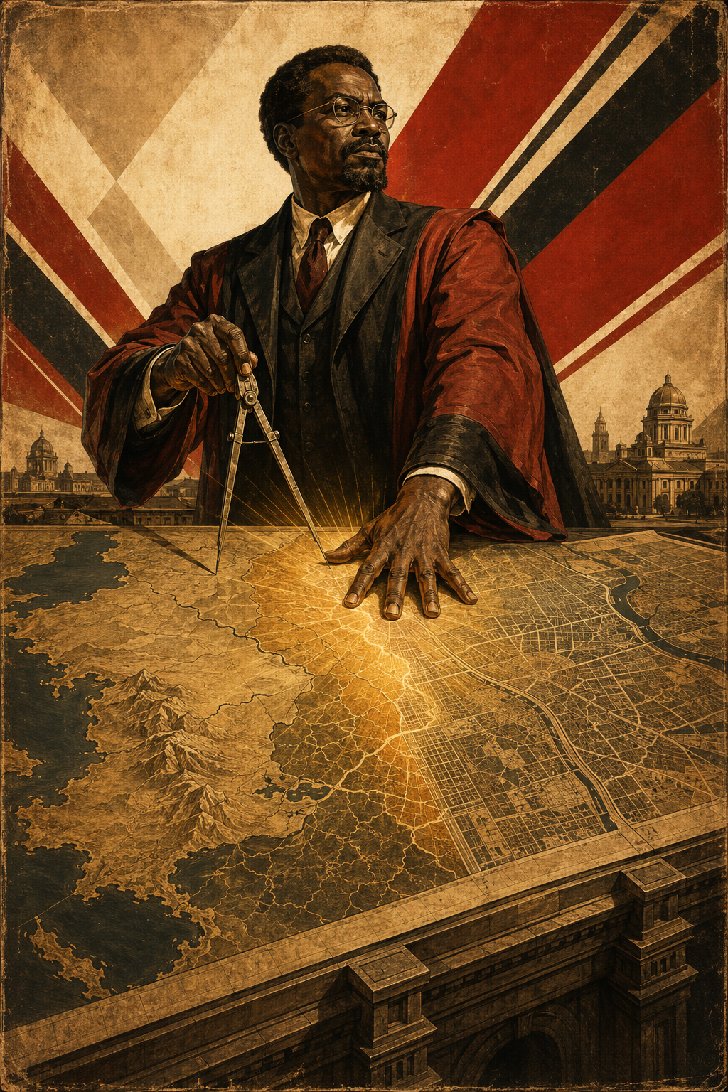 Soviet constructivist illustration of a cartographer at a monumental drafting table, two maps overlapping at a point of amber light