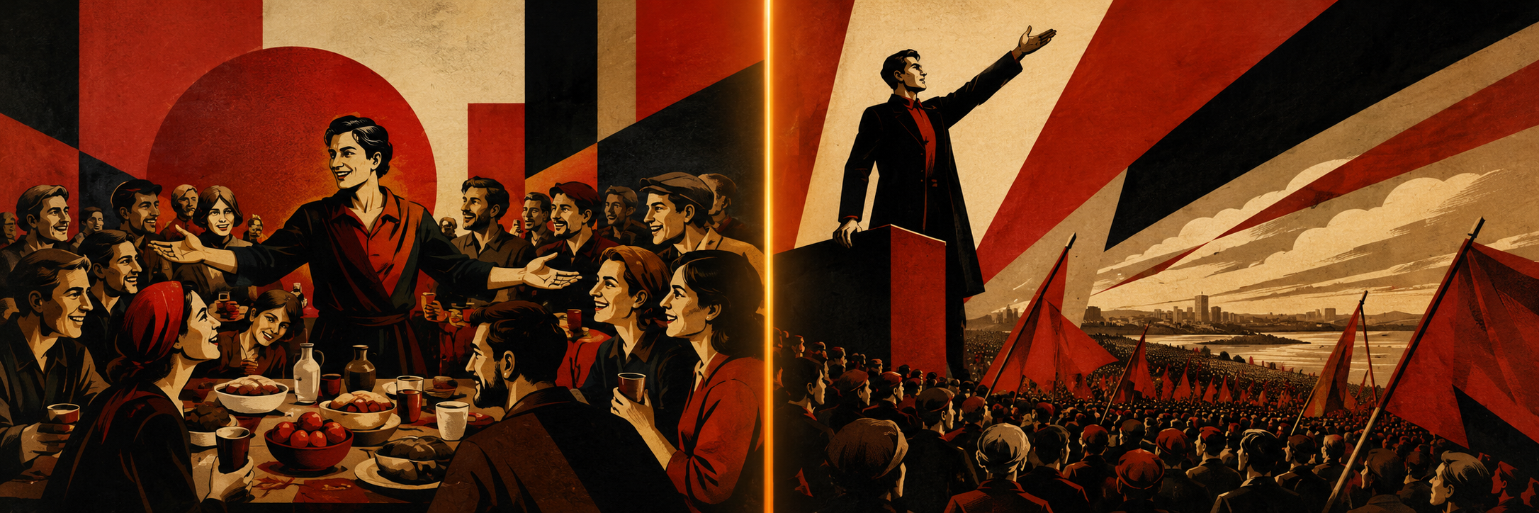 ESE vs EIE — split composition showing warm communal feast on the left and orator commanding a vast crowd on the right, amber dividing line