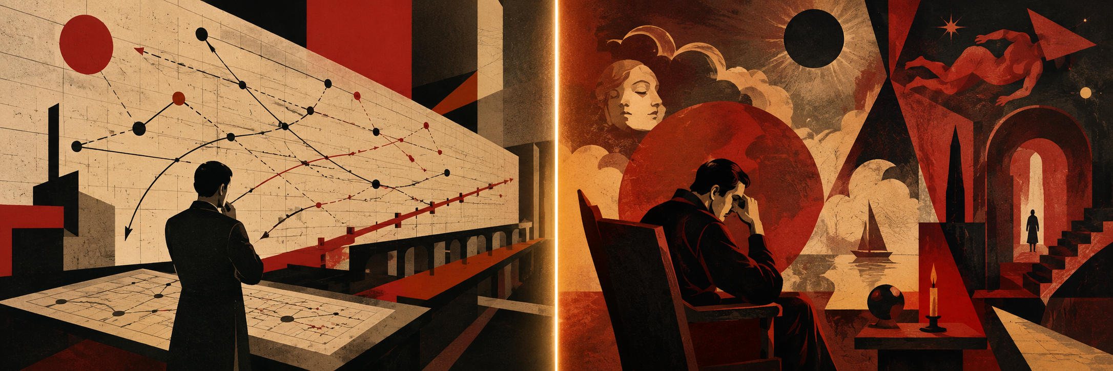 ILI vs IEI — split composition showing strategic trajectory analysis on the left and dreamlike reverie on the right, amber dividing line