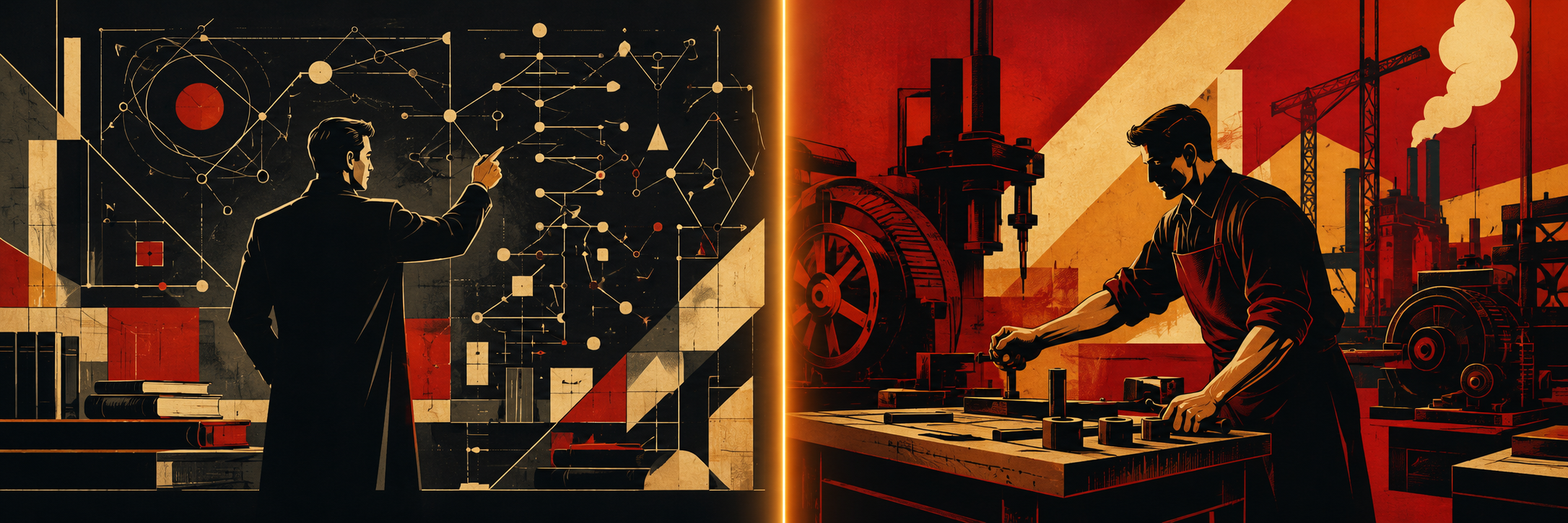 LIE vs LSE — split composition showing abstract system efficiency on the left and practical operations on the right, amber dividing line